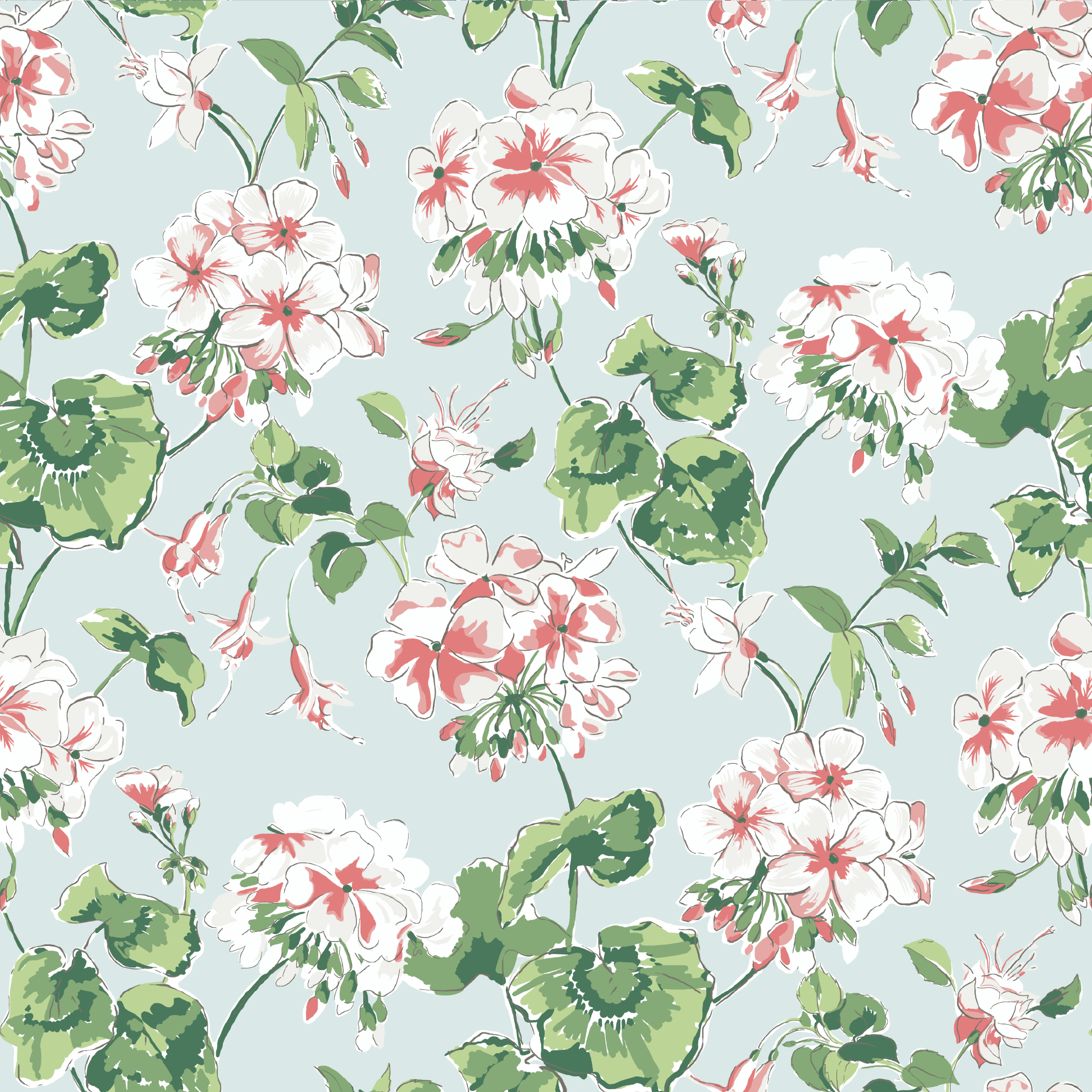 madcap Cottage geranium fabric featuring pink geraniums with green leaves on a light blue background.