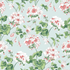 madcap Cottage geranium fabric featuring pink geraniums with green leaves on a light blue background.