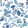 Strawberry fabric featuring navy blue motifs of strawberries, lemons, blue flowers and green leaves on a white background. 