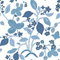 Strawberry fabric featuring navy blue motifs of strawberries, lemons, blue flowers and green leaves on a white background. 