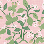 Strawberry wallpaper samples featuring lemon and strawberry motifs against a pink background.