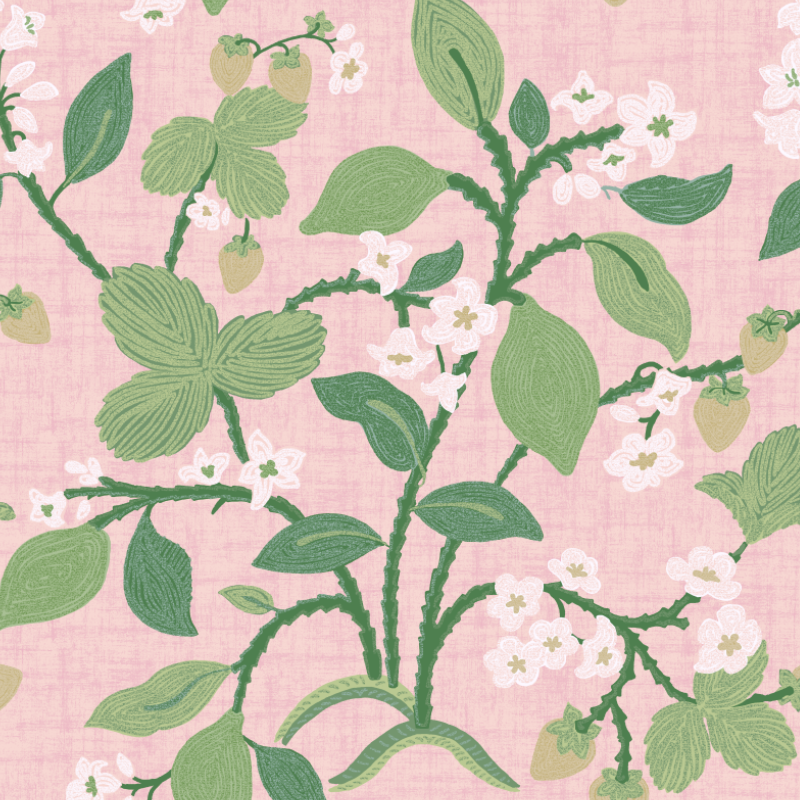Strawberry wallpaper samples featuring lemon and strawberry motifs against a pink background.