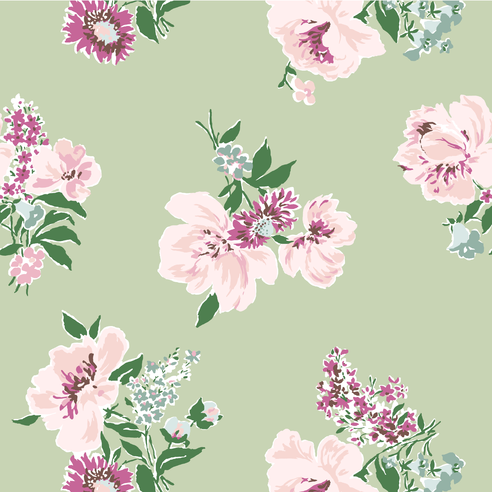 Floral fabric with pink and purple flowers on a light green background designed by Madcap Cottage and called Swans Island in Meadow Green